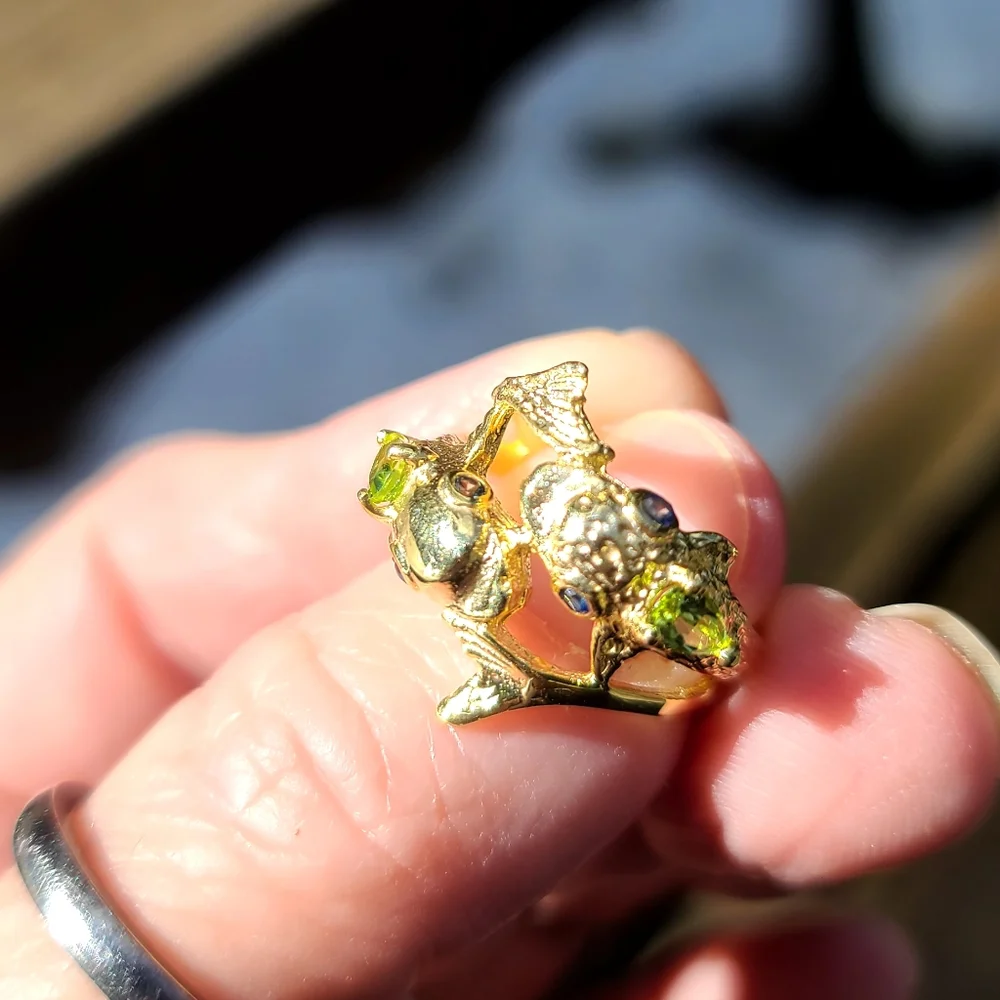 Peridot & Sapphire dual fish 🐟 pisceas sterling & gold ring sz5.75 - Picture 5 of 7